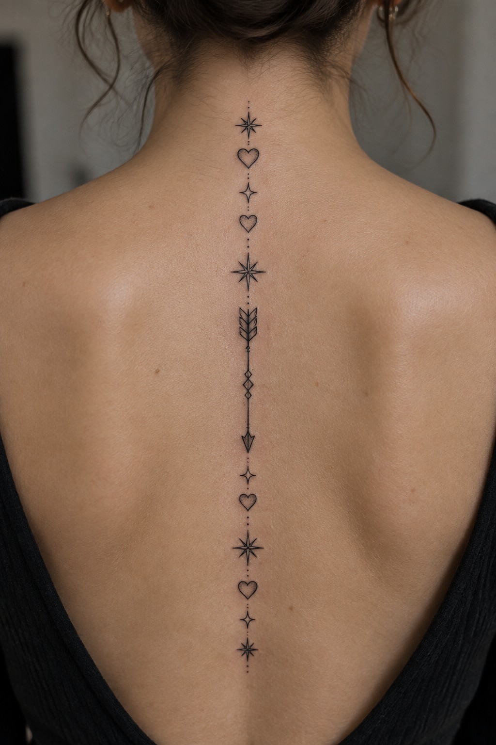 Woman's back with vertical black tattoo of stars, hearts, and arrow.