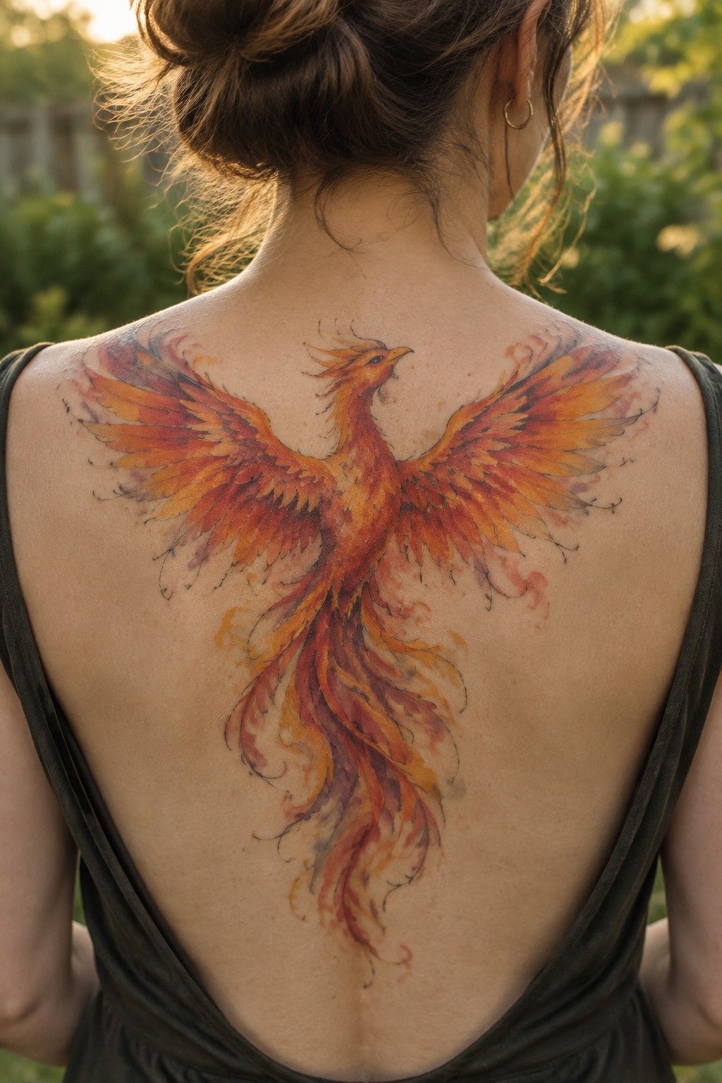 Woman's upper back tattoo showing a large watercolor phoenix with wings spread across the shoulders and tail flowing down the spine