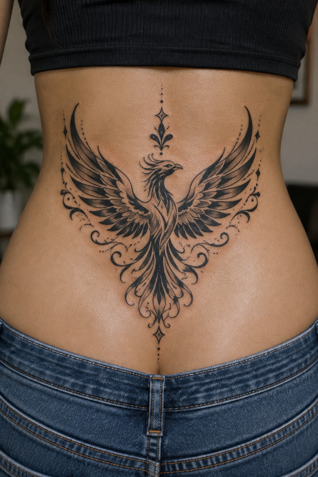 Large ornate black phoenix tattoo on lower back above blue jeans