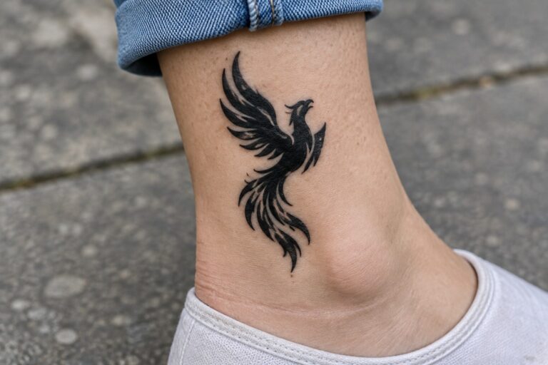 16 Bold Spiritual Growth Tattoos for Women Centered on Phoenix Imagery Black phoenix tattoo on ankle below cuffed blue jeans and black sneaker