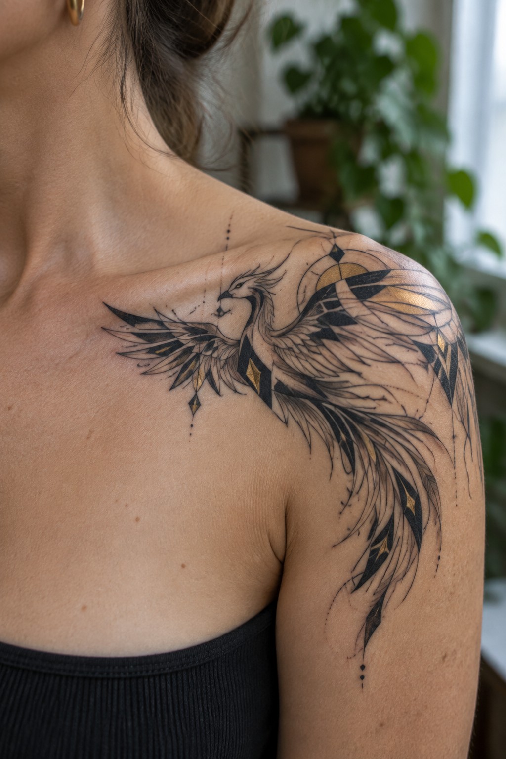 Woman's shoulder with large black and gold geometric phoenix tattoo over black top.