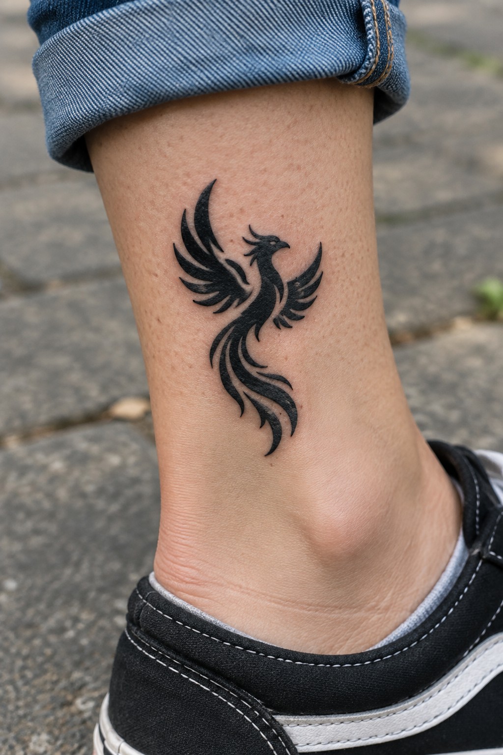 Black phoenix tattoo on ankle below cuffed blue jeans and black sneaker