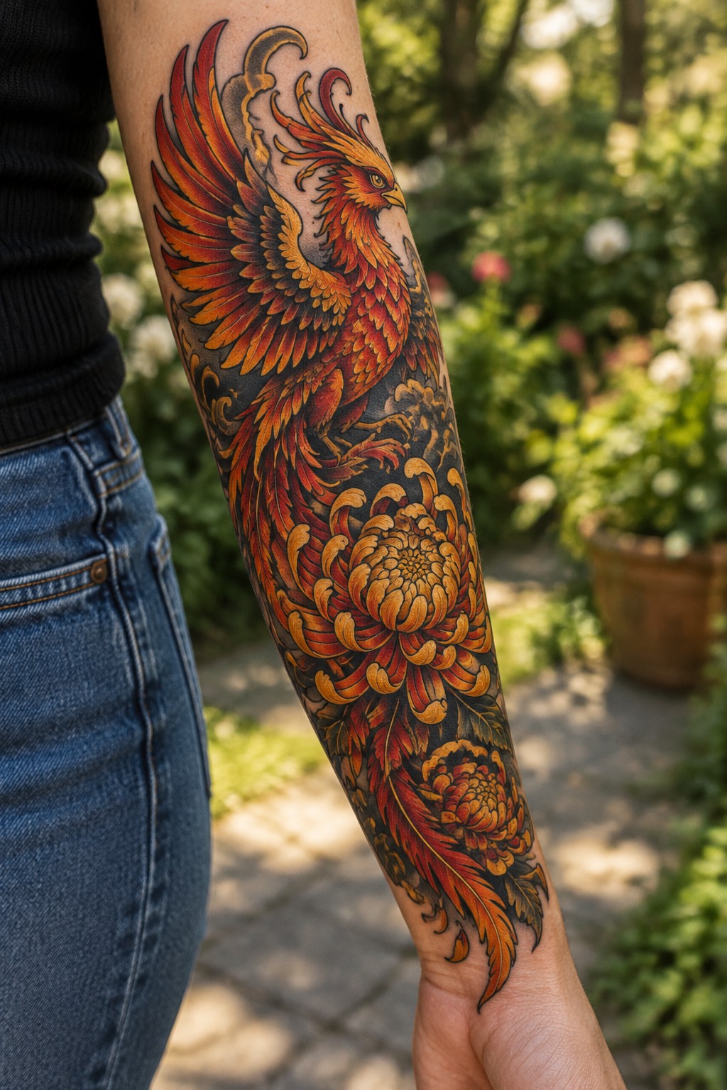 Vibrant phoenix tattoo on arm with red-orange chrysanthemums against blurred garden background