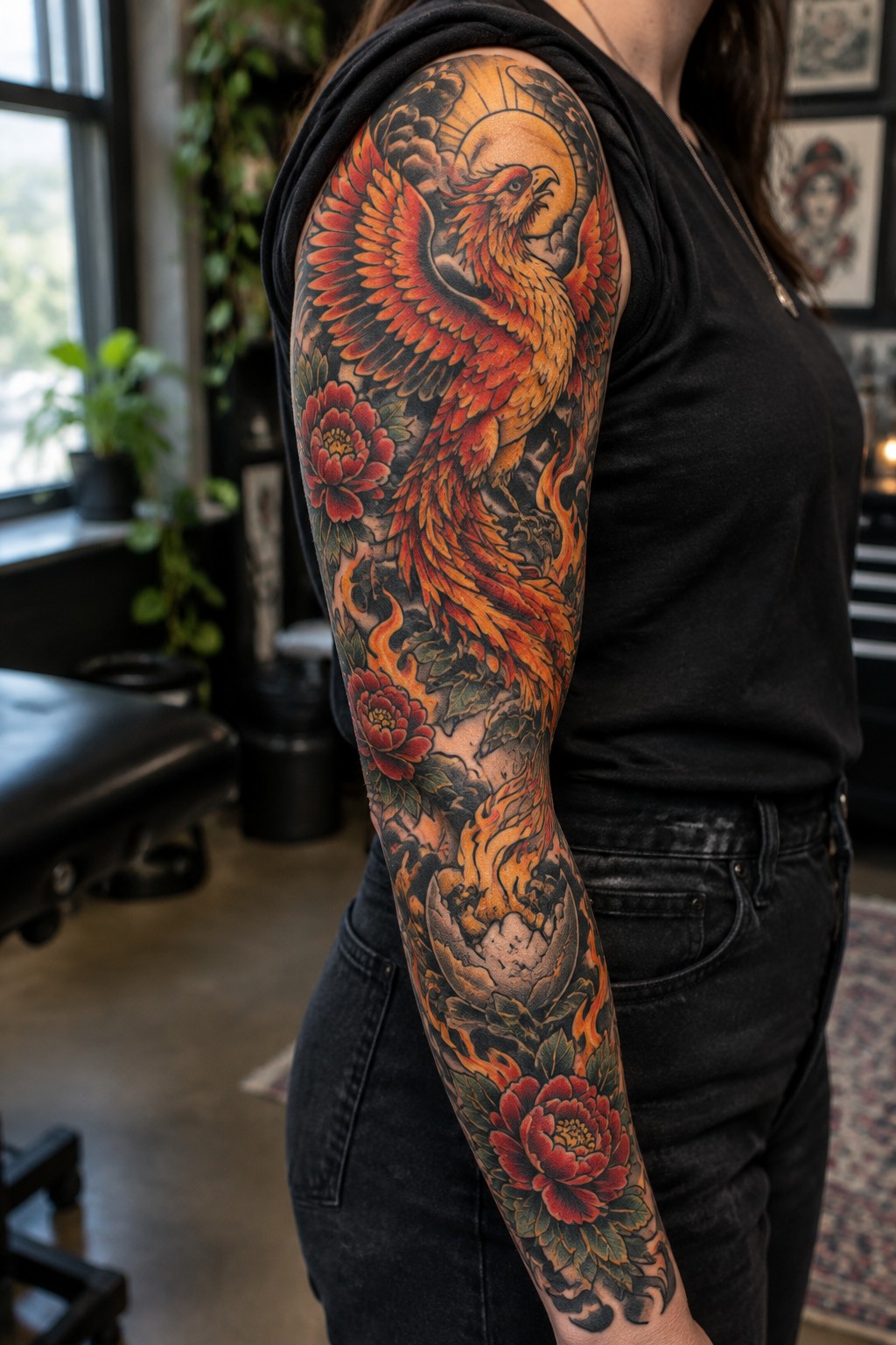 Vibrant phoenix tattoo with flames and red peonies on arm in black top