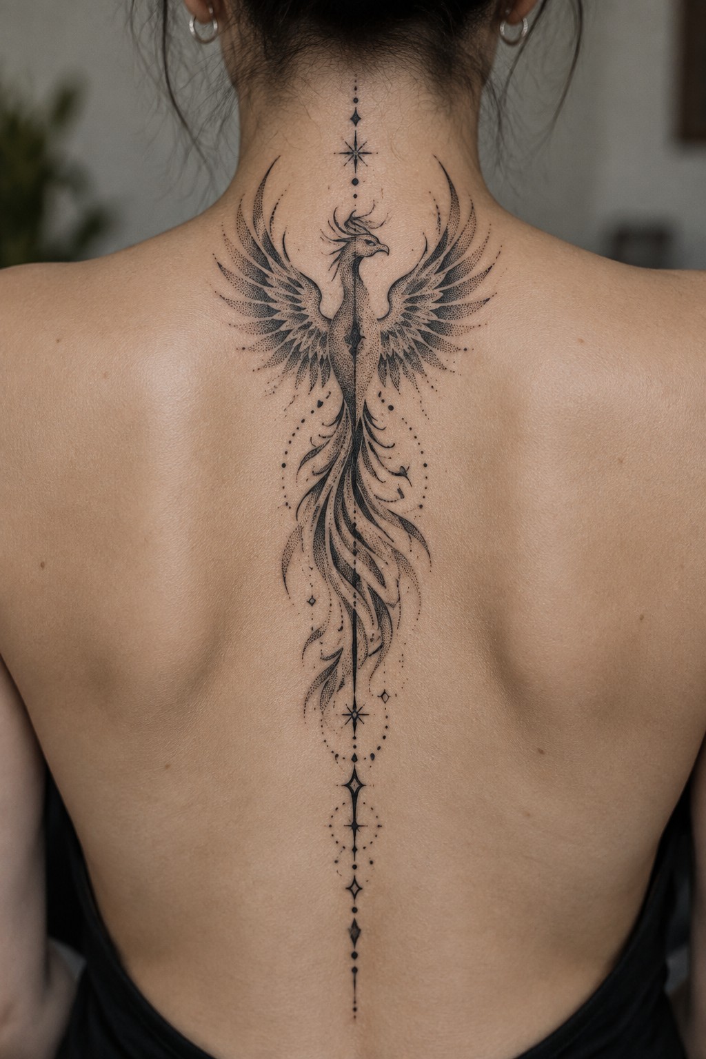 Black dotwork phoenix tattoo centered on a woman's upper back, with wings spread at the top and a long tail extending down the spine, accented by geometric stars and dots.