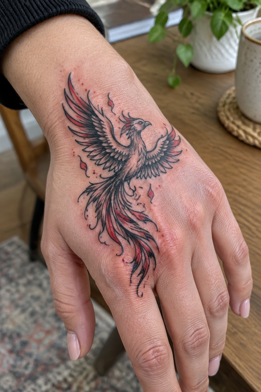 Black and red phoenix tattoo on hand with black sleeve and pink nails.