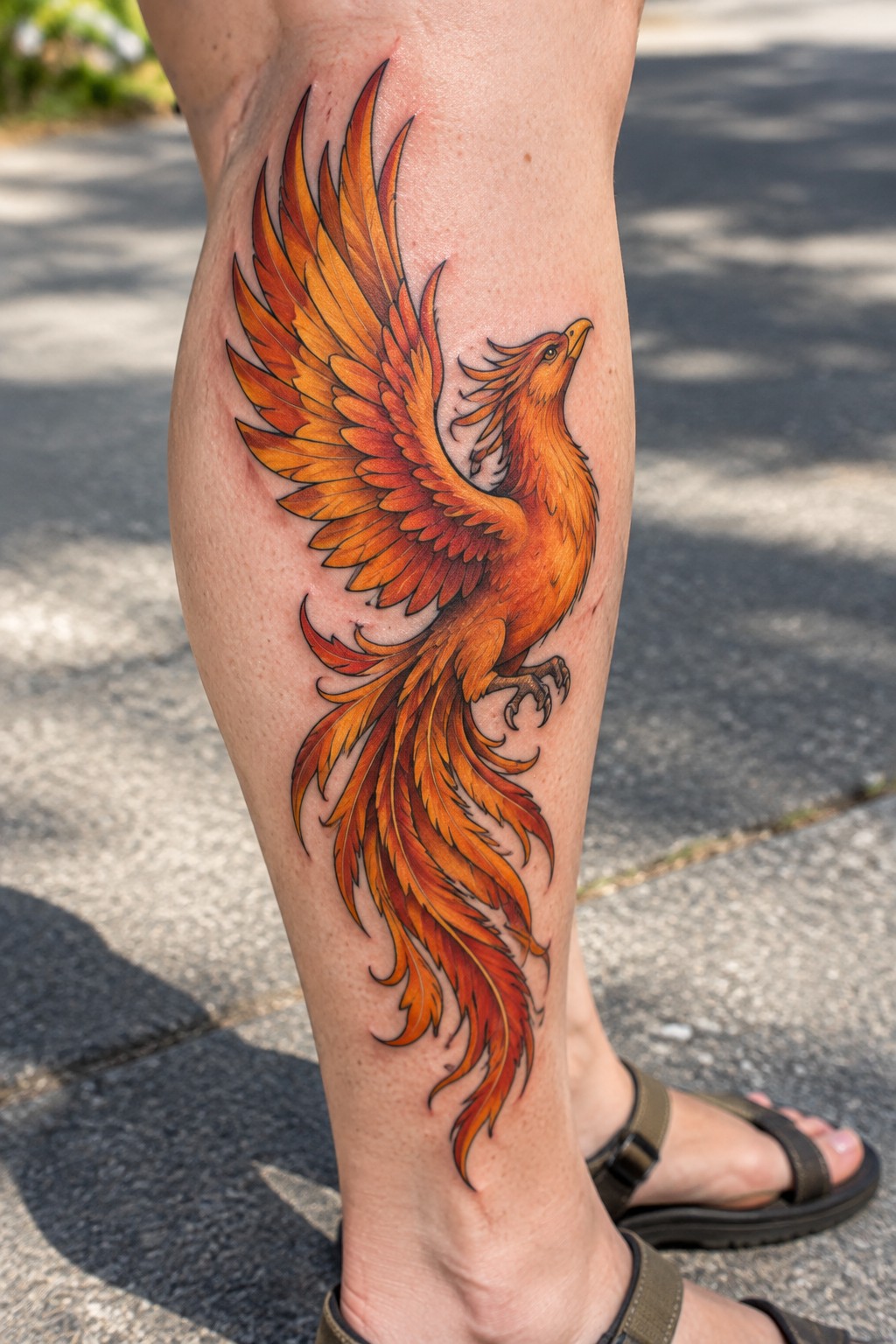 Fiery orange phoenix tattoo on a lower leg above brown sandals