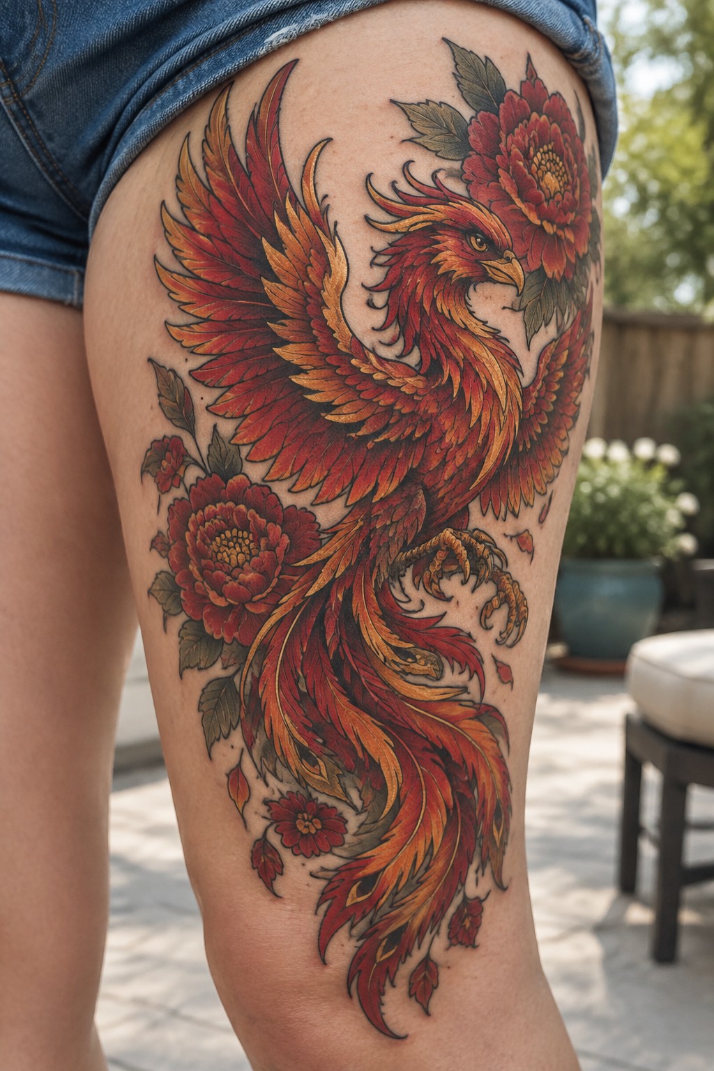 Vibrant red-orange phoenix tattoo with peonies on thigh under blue denim shorts outdoors