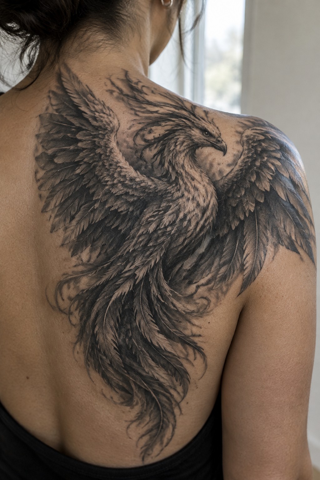 Woman's back with large black-and-gray phoenix tattoo across shoulders and spine