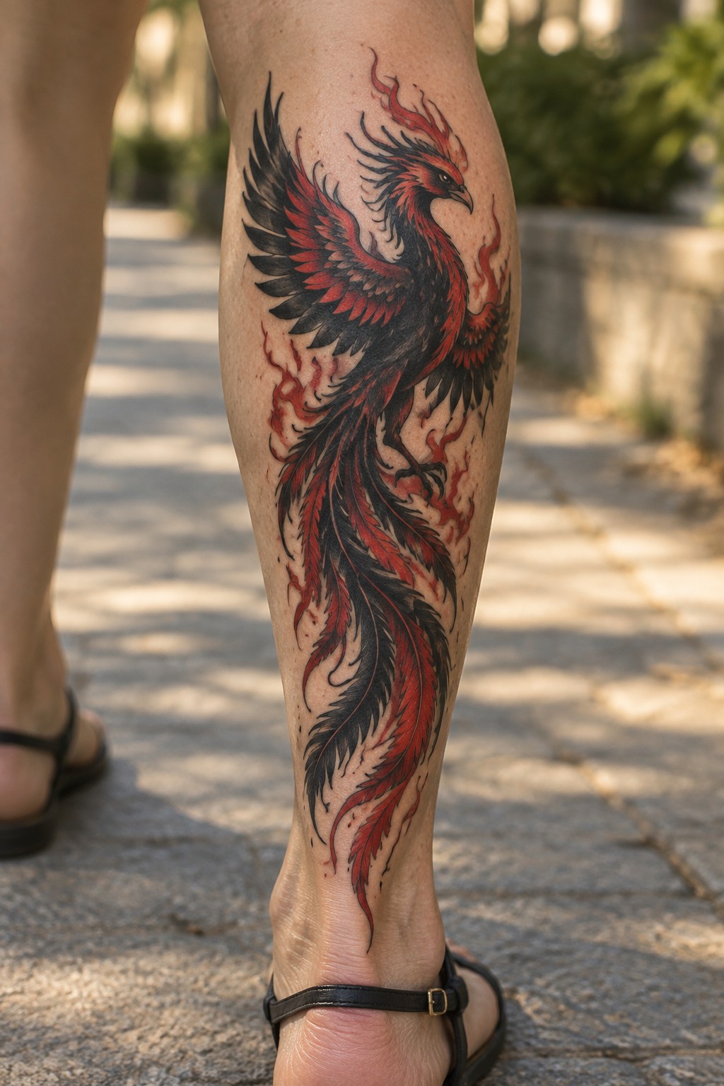 Red and black phoenix tattoo with flames on lower leg above sandal