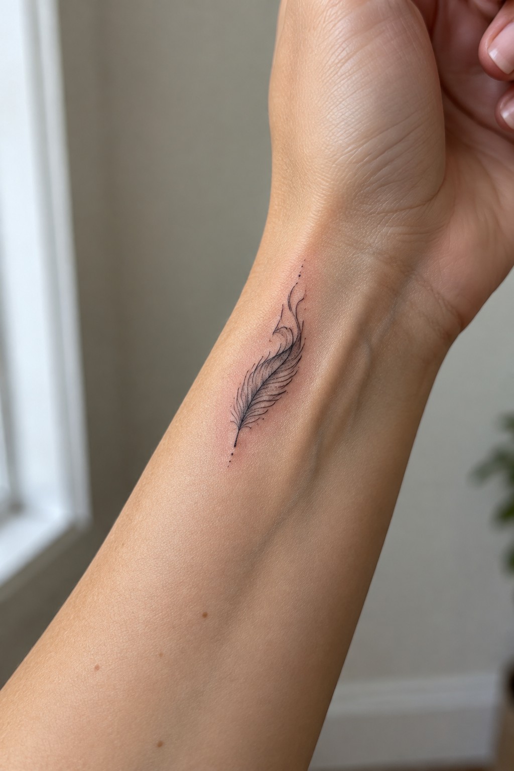 Black feather tattoo with fine lines and dots on inner wrist
