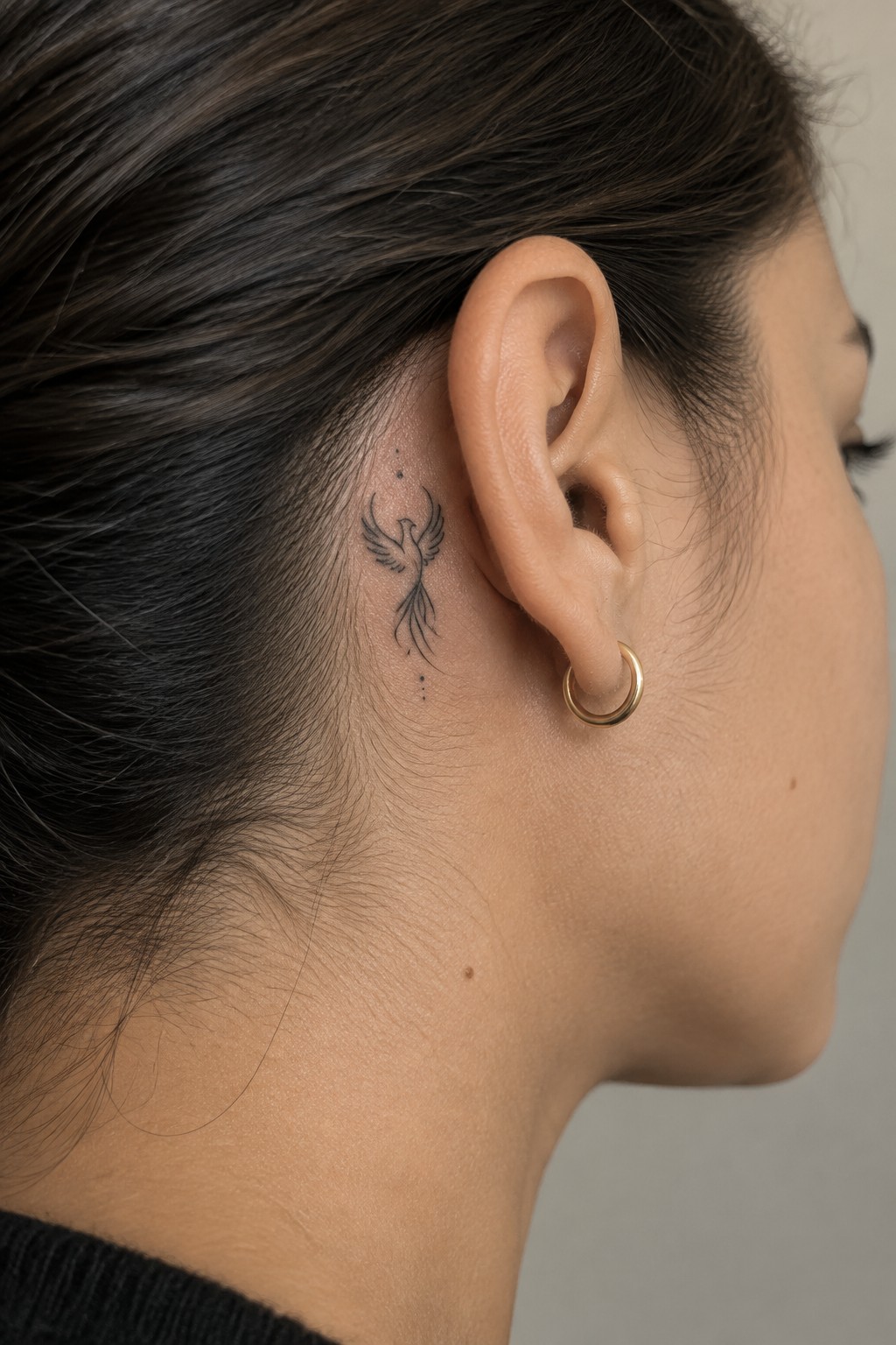Close-up of phoenix tattoo behind woman's ear with small gold hoop earring