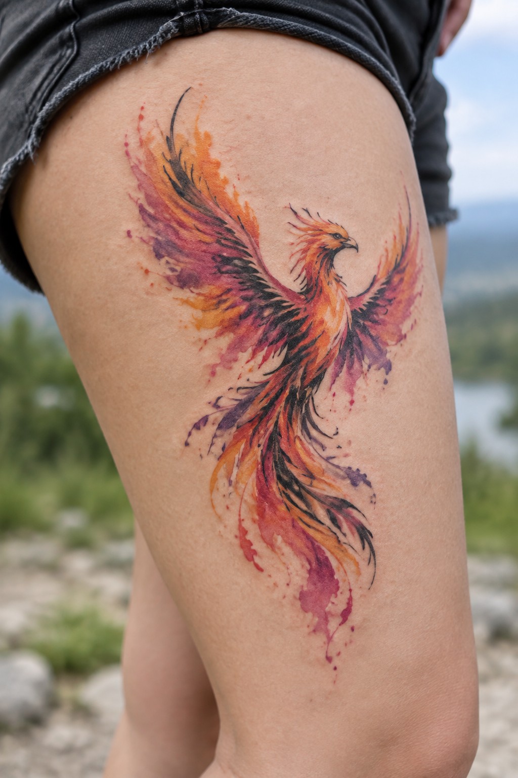 Vibrant watercolor phoenix tattoo in fiery orange-red hues on thigh with black shorts.