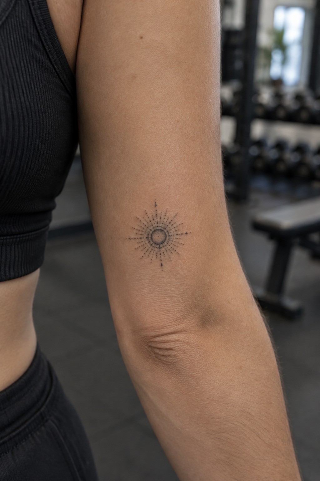 Sunburst tattoo on upper arm of person in black tank top at gym