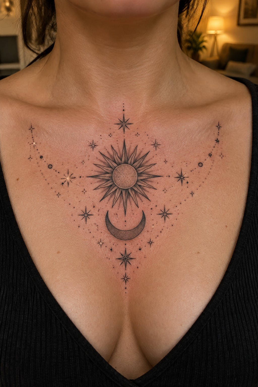 Celestial sun, moon, and stars tattoo on chest above black V-neck top