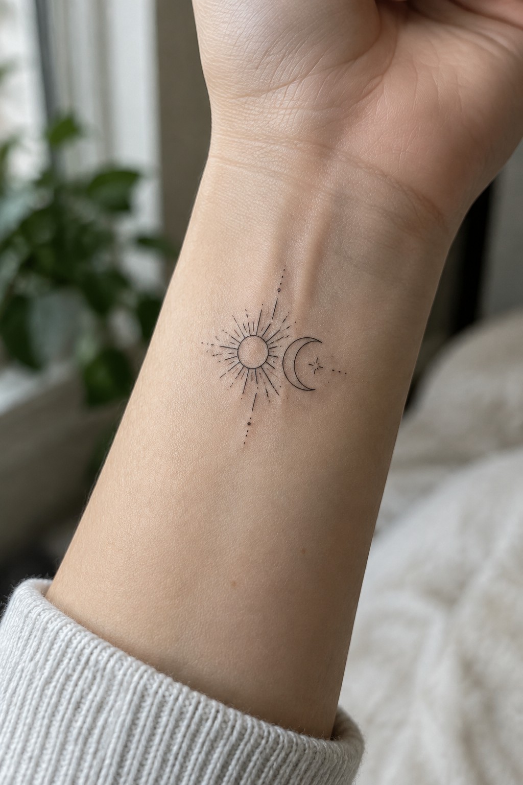 Minimalist sun and crescent moon tattoo on wrist above white sweater sleeve.