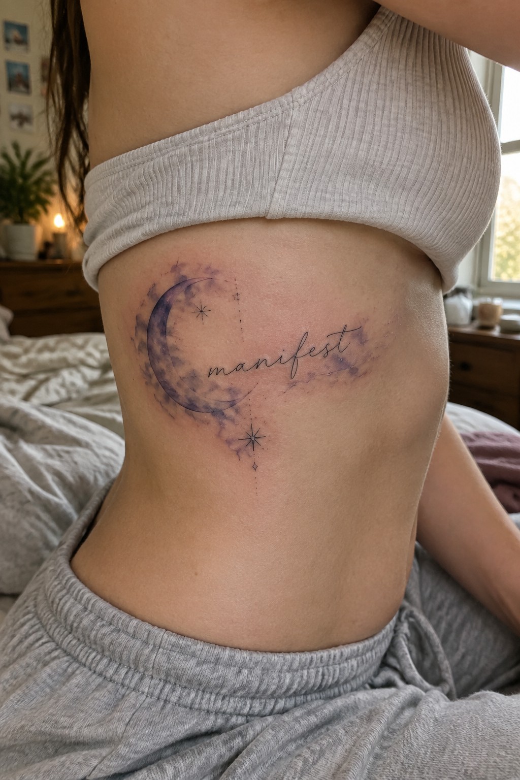 Gray crop top frames fresh purple crescent moon tattoo with 