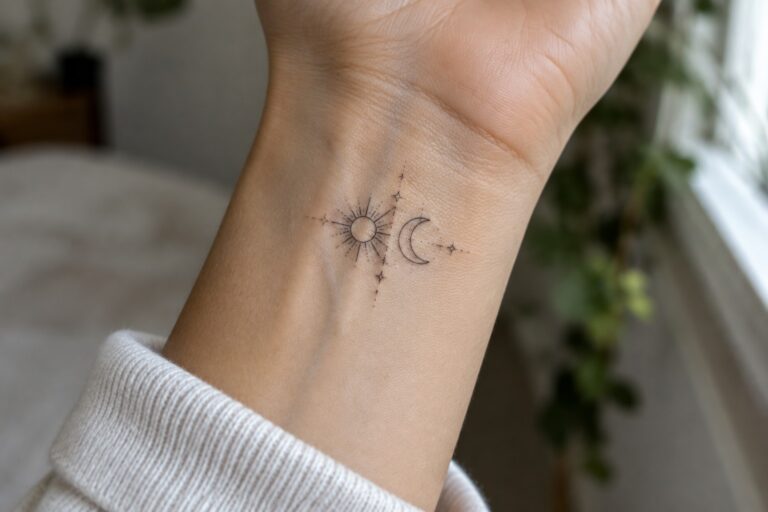 Minimalist sun and crescent moon tattoo on wrist above white sweater sleeve.