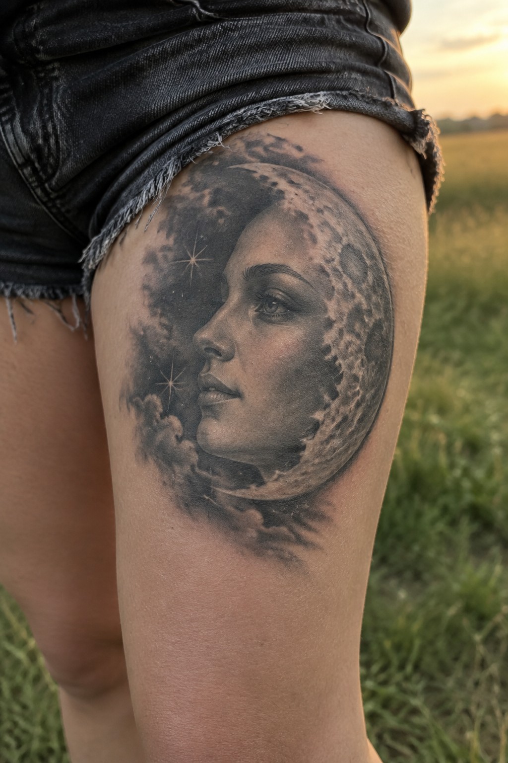 Realistic black and gray tattoo of a woman's face merged with the moon on the upper thigh, with clouds and stars around it.