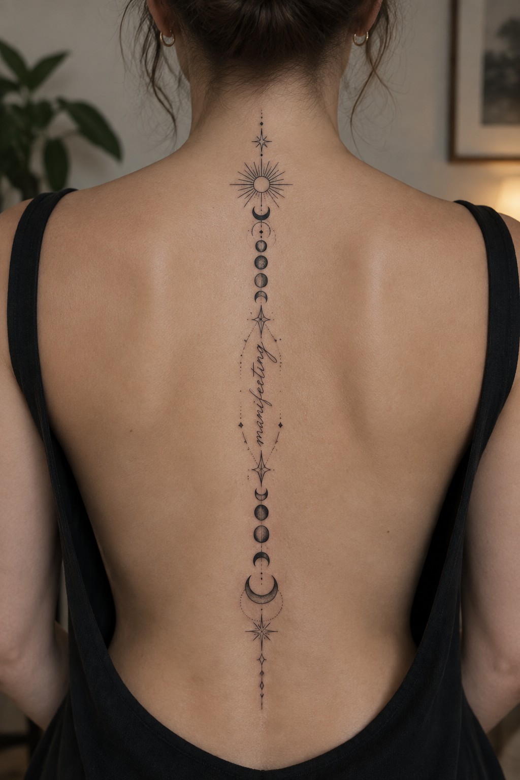 Woman's back in black tank top with spine tattoo of moon phases and 