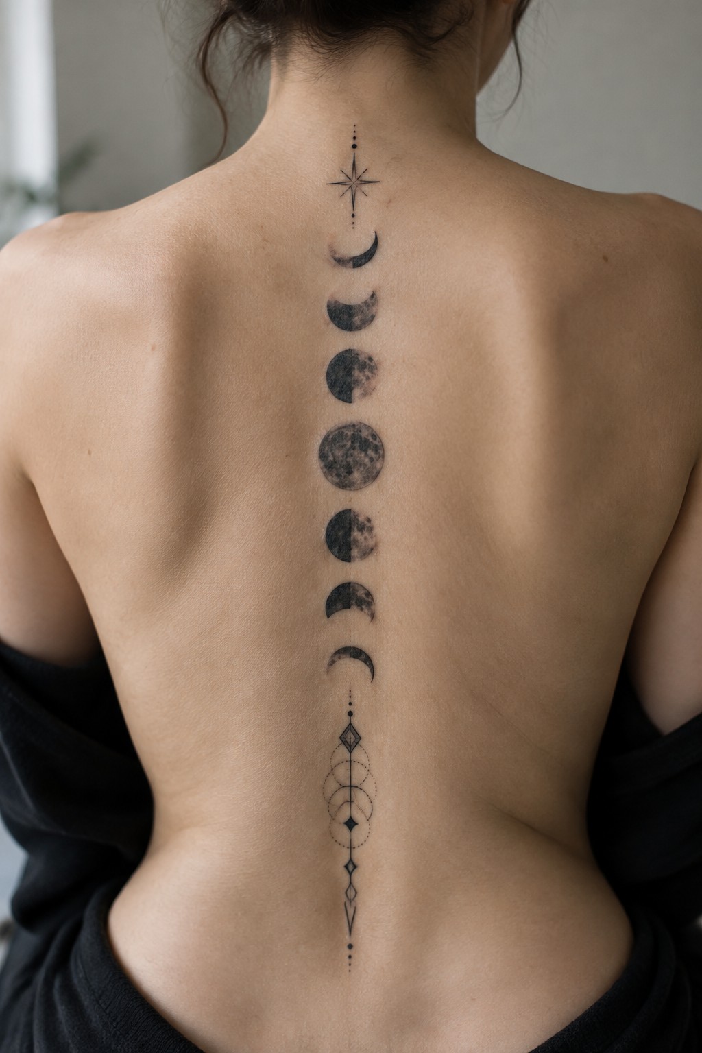Bare back with vertical moon phases tattoo, star at top, geometric design at bottom.