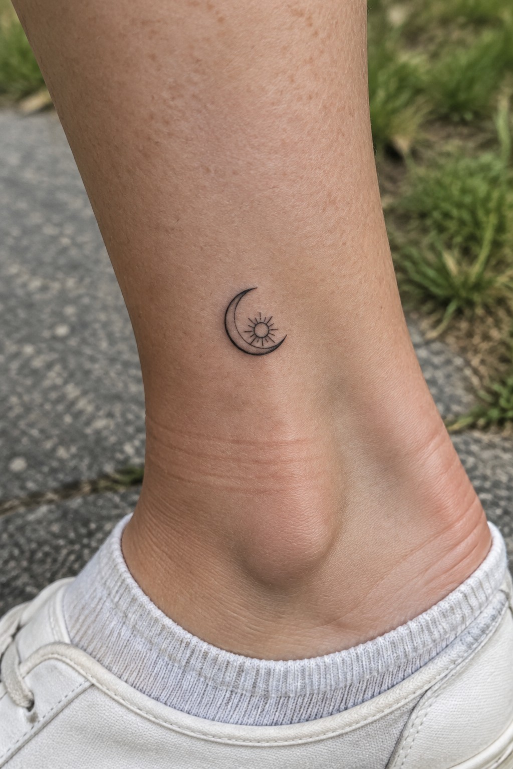 Minimalist crescent moon and sun tattoo on ankle above white sneaker on pavement