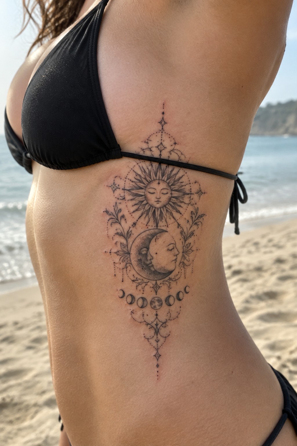 Woman in black bikini with ornate sun and moon tattoo on side at beach.
