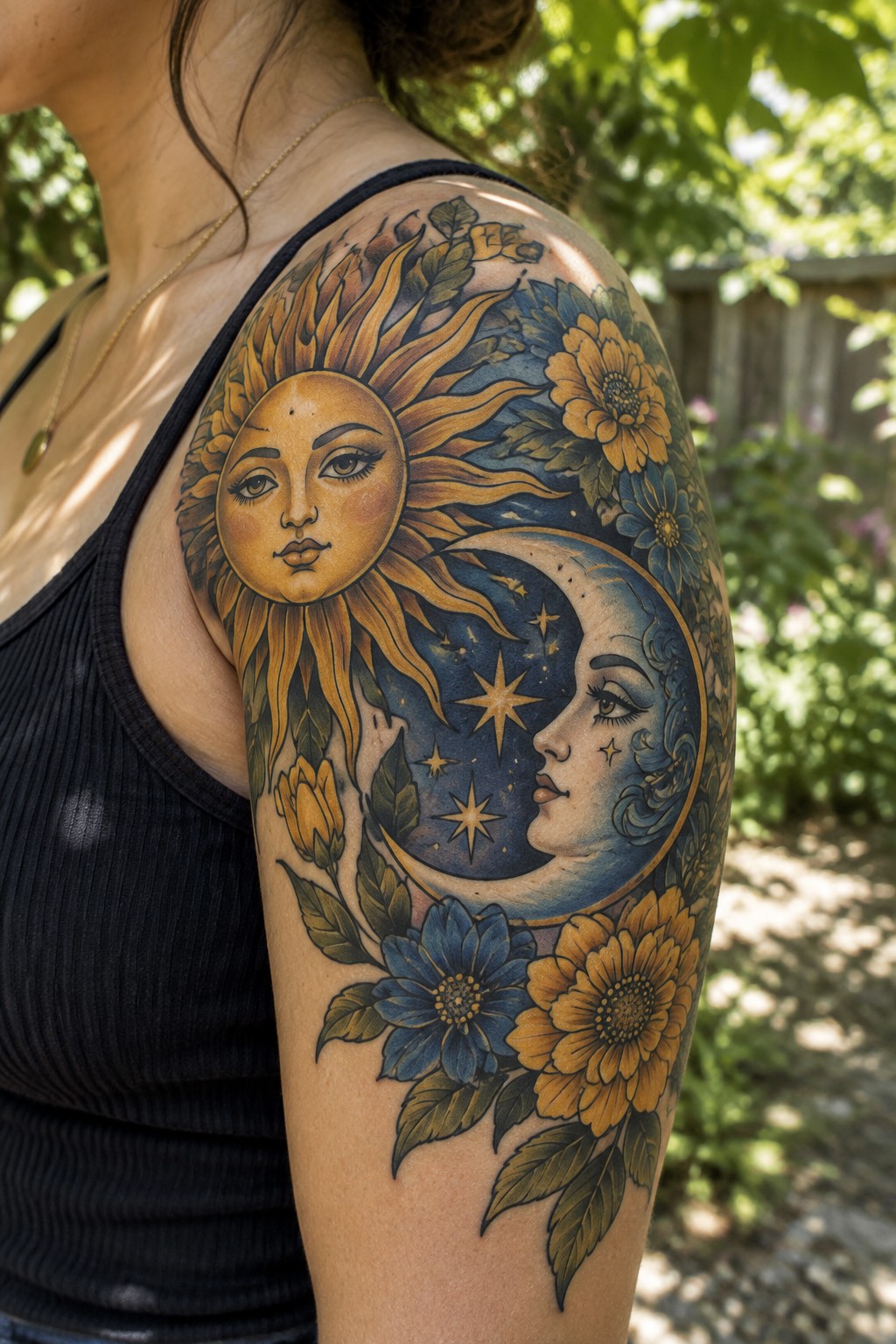 Woman's shoulder tattoo of sun and moon faces with yellow and blue flowers