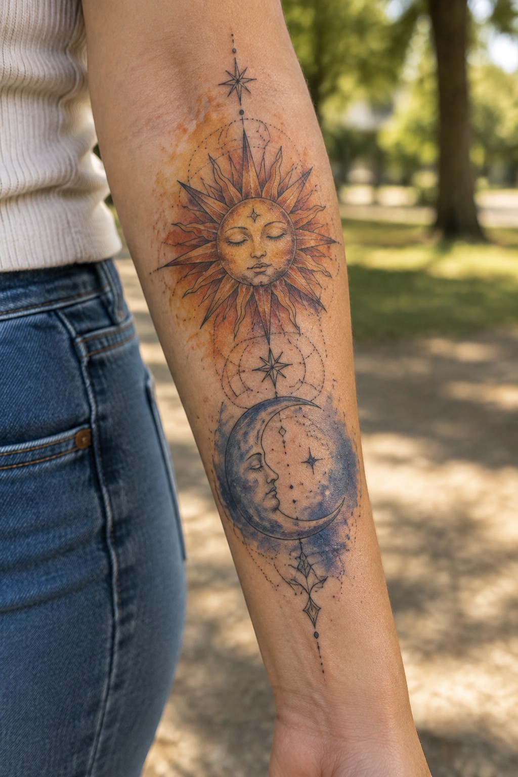 Vertical sun and moon tattoo with faces on inner forearm using orange and blue watercolor shading