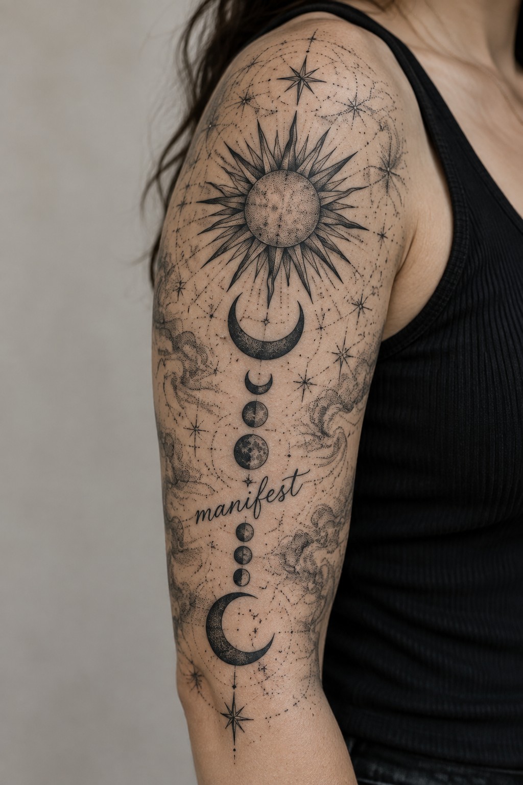 Vertical sun and moon phase tattoo on a woman's upper arm with the word manifest in script, done in black and grey dotwork style with surrounding stars and clouds.