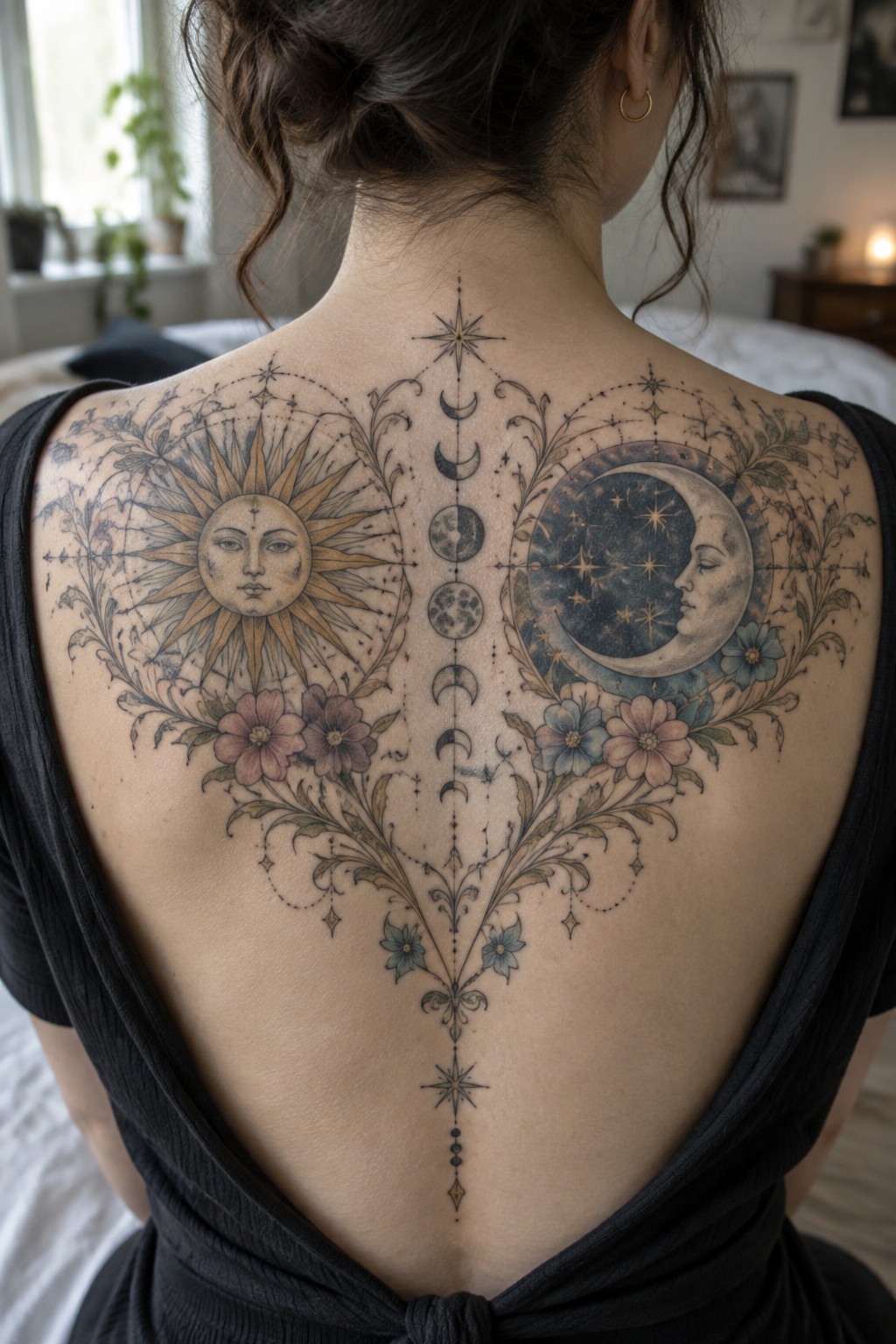 Woman's back with large sun moon floral tattoo under black tied top