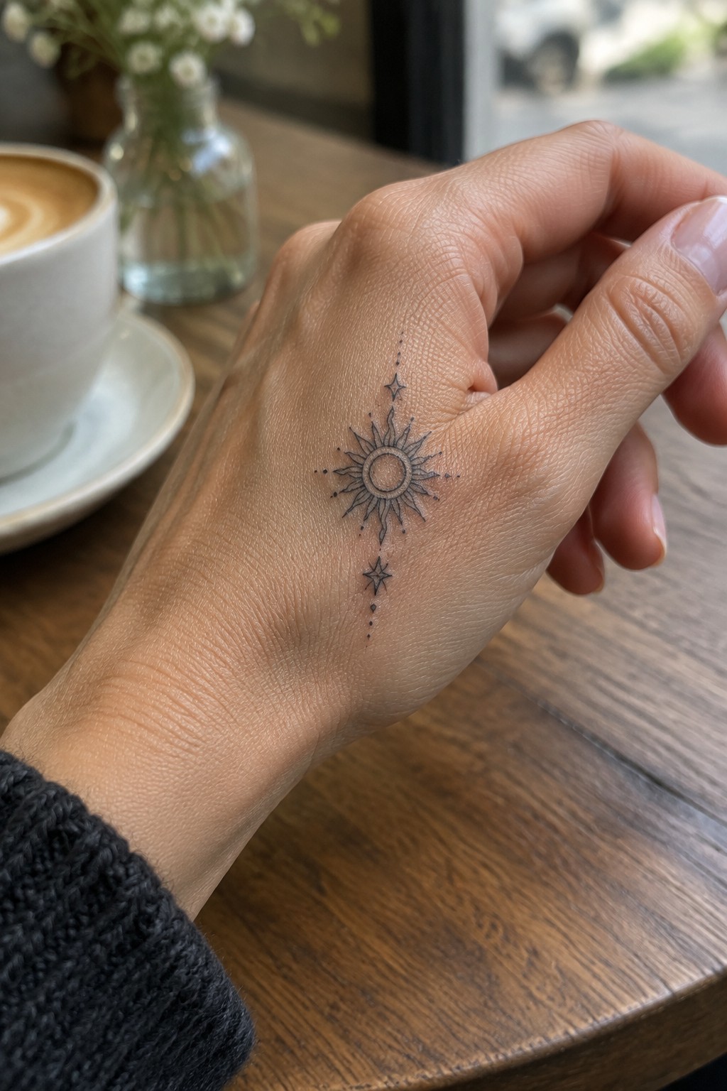 Fine line sun and stars tattoo placed vertically on the back of a hand