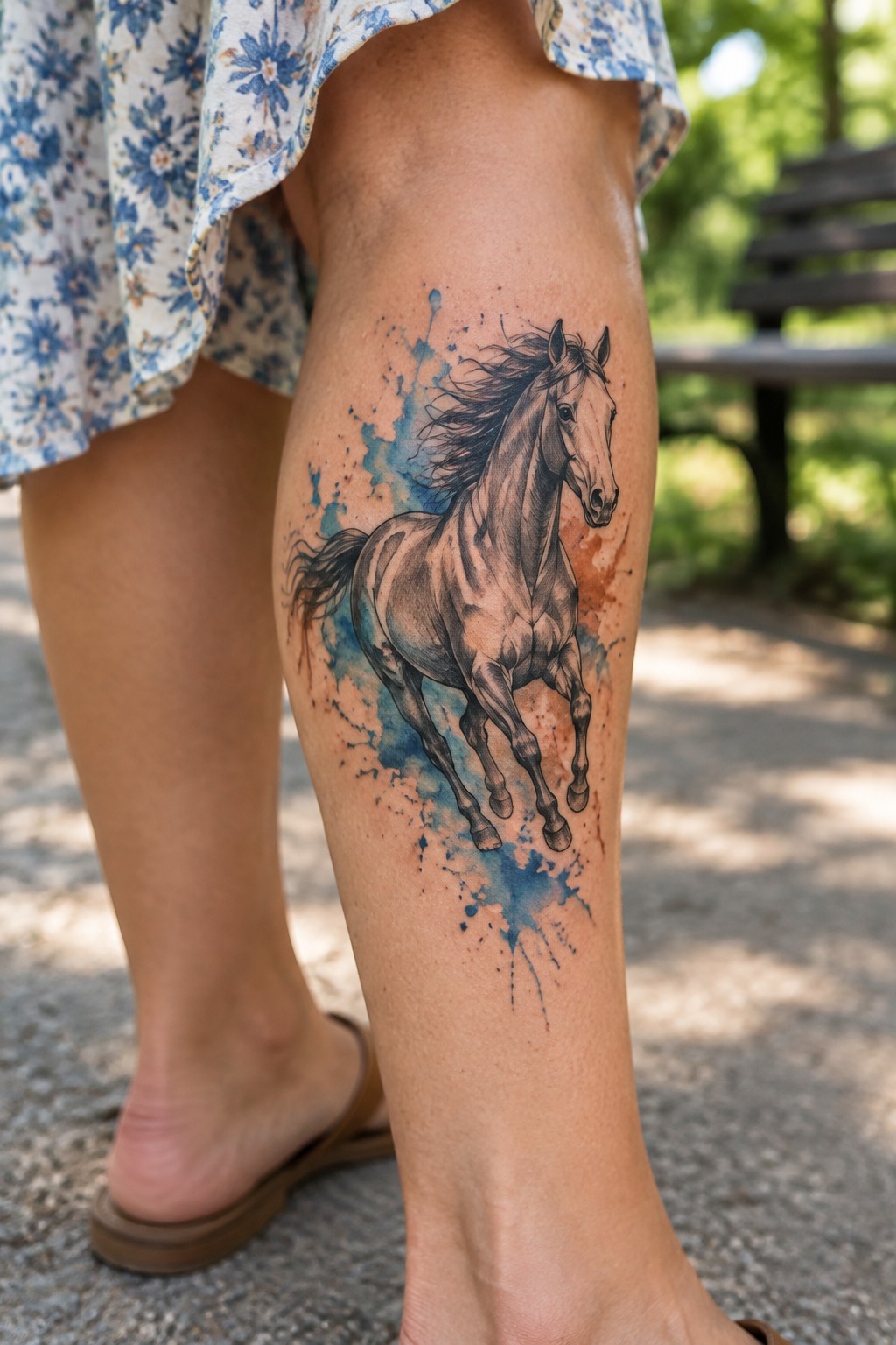 Realistic running horse tattoo on a woman's lower leg with blue and orange watercolor splashes