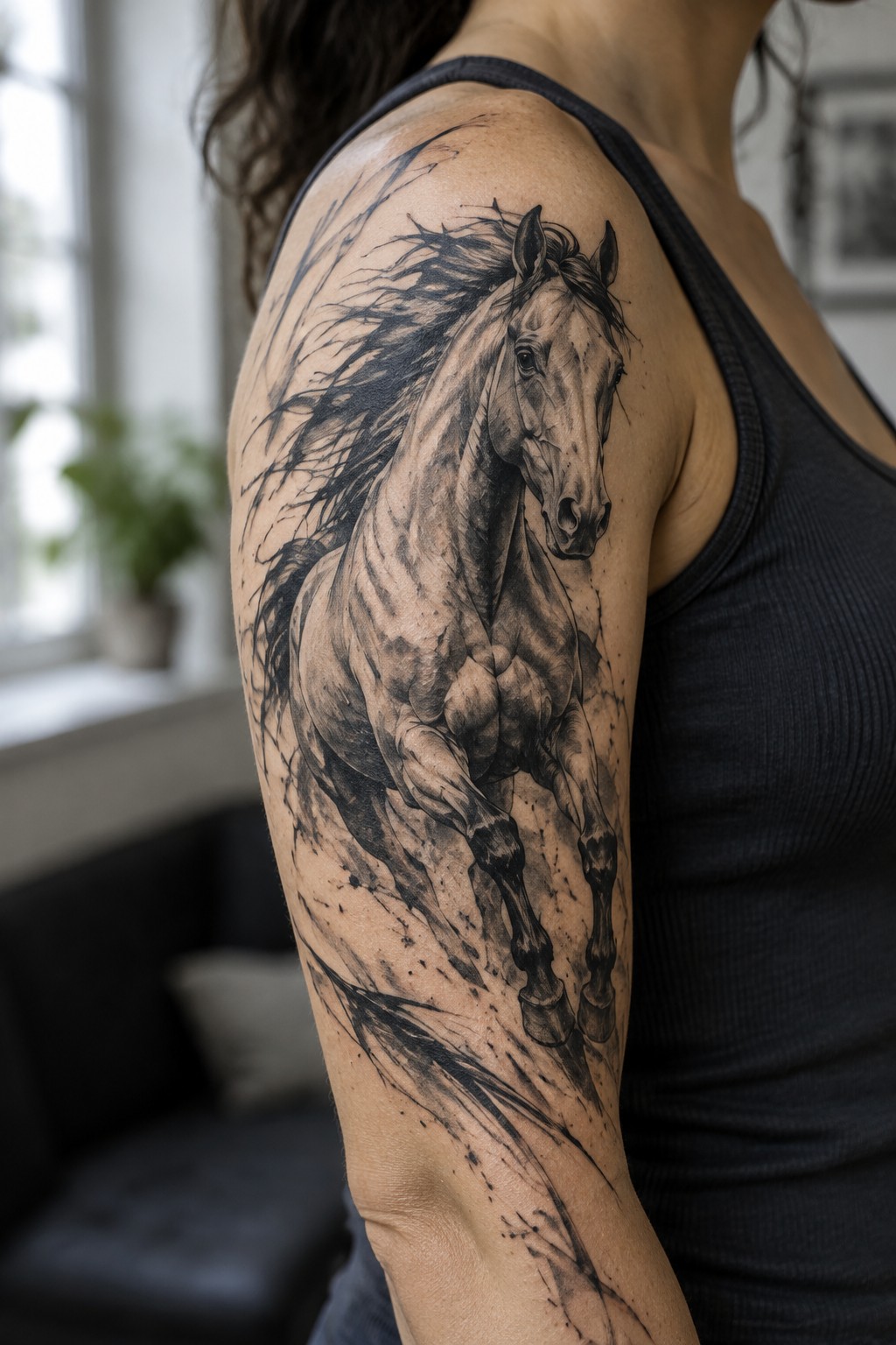 Woman in black tank top with large realistic horse tattoo on shoulder.