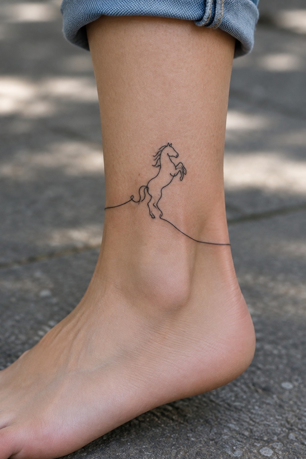 Minimalist single line tattoo of a rearing horse on the ankle