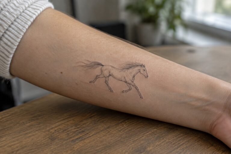 Forearm with detailed black horse tattoo resting on wooden table, white sweater cuff visible.