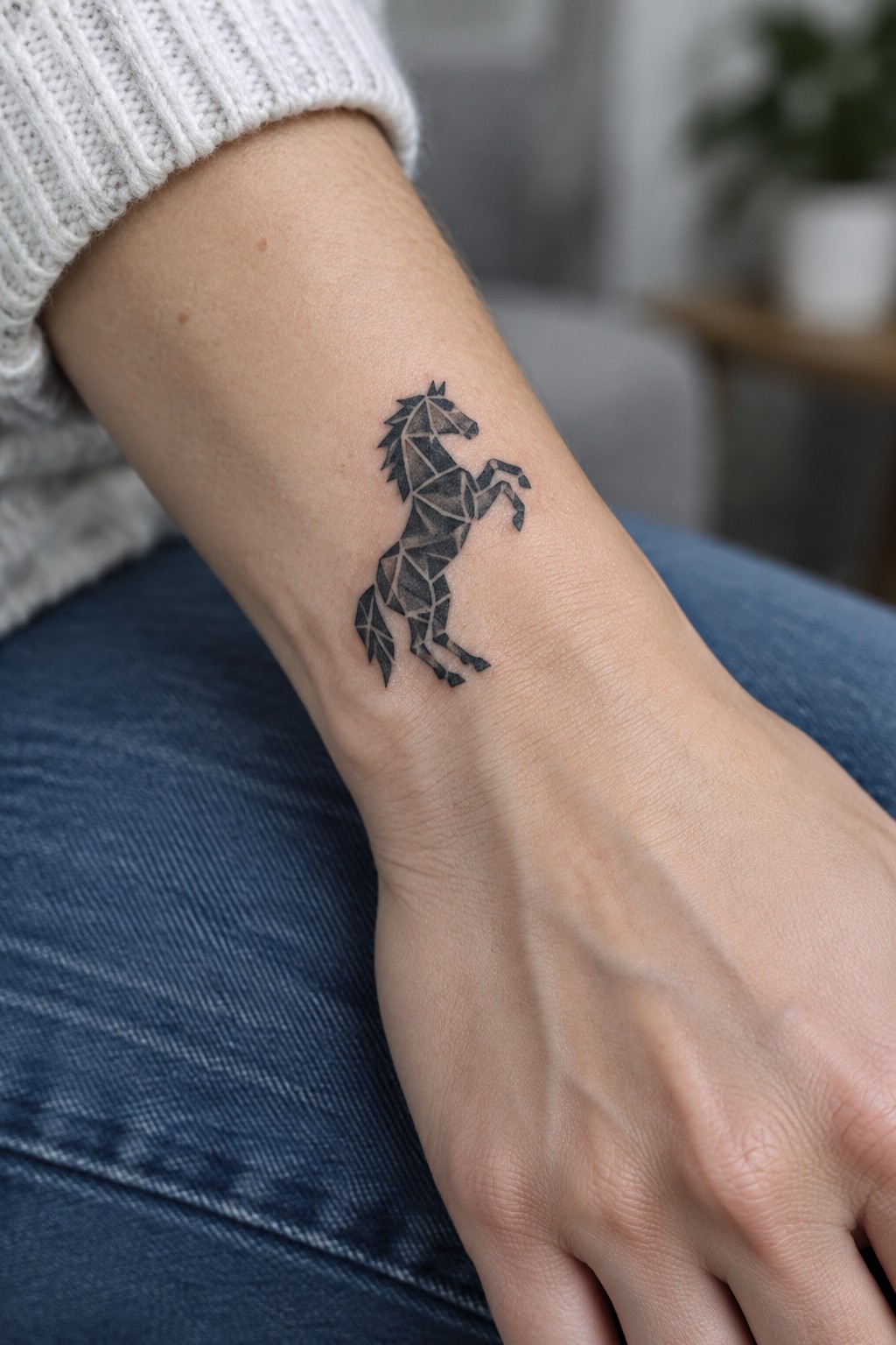 Geometric black horse tattoo on wrist with white sweater and blue jeans