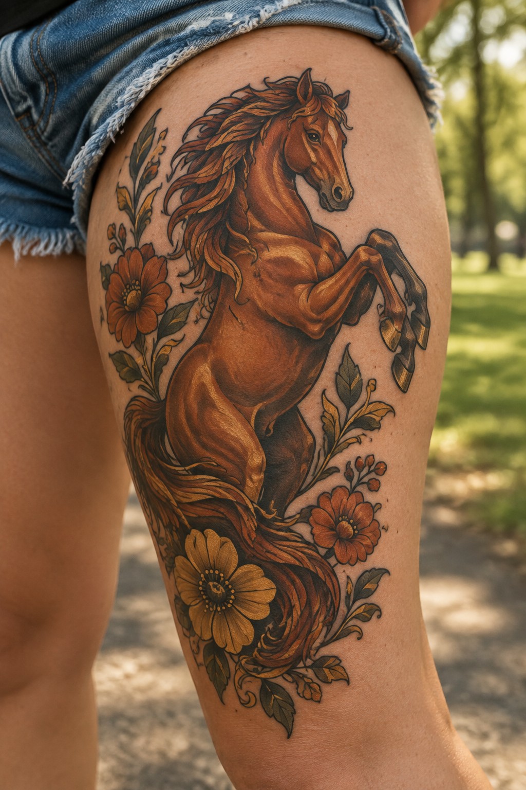 Brown rearing horse tattoo with orange flowers on thigh under denim shorts.
