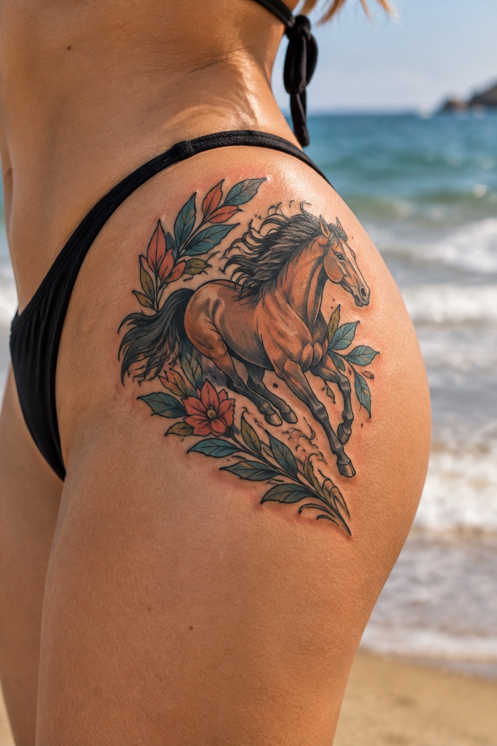 Woman's thigh with running brown horse tattoo, colorful foliage, black bikini at beach.