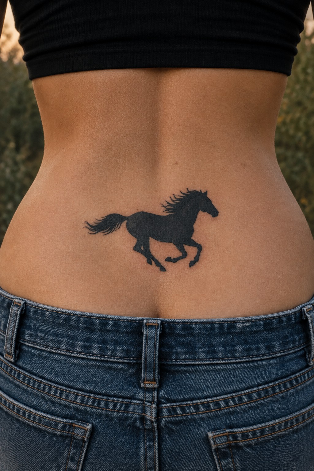 Black horse tattoo on lower back above blue jeans and black crop top
