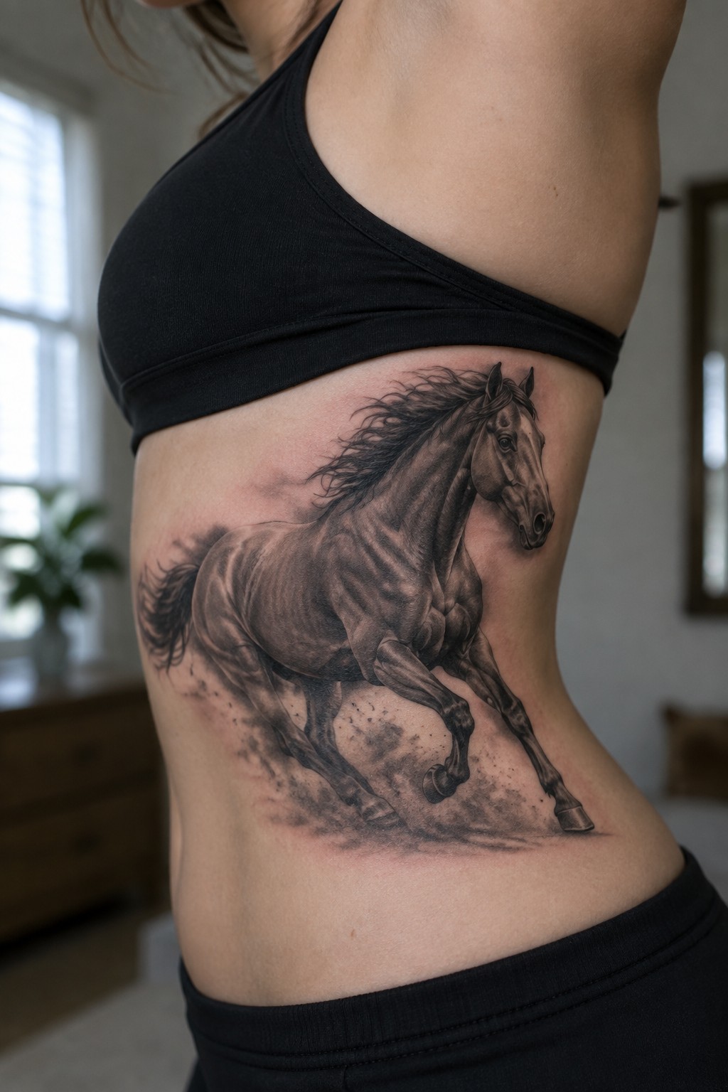 Woman's side with realistic black-and-gray galloping horse tattoo under black crop top