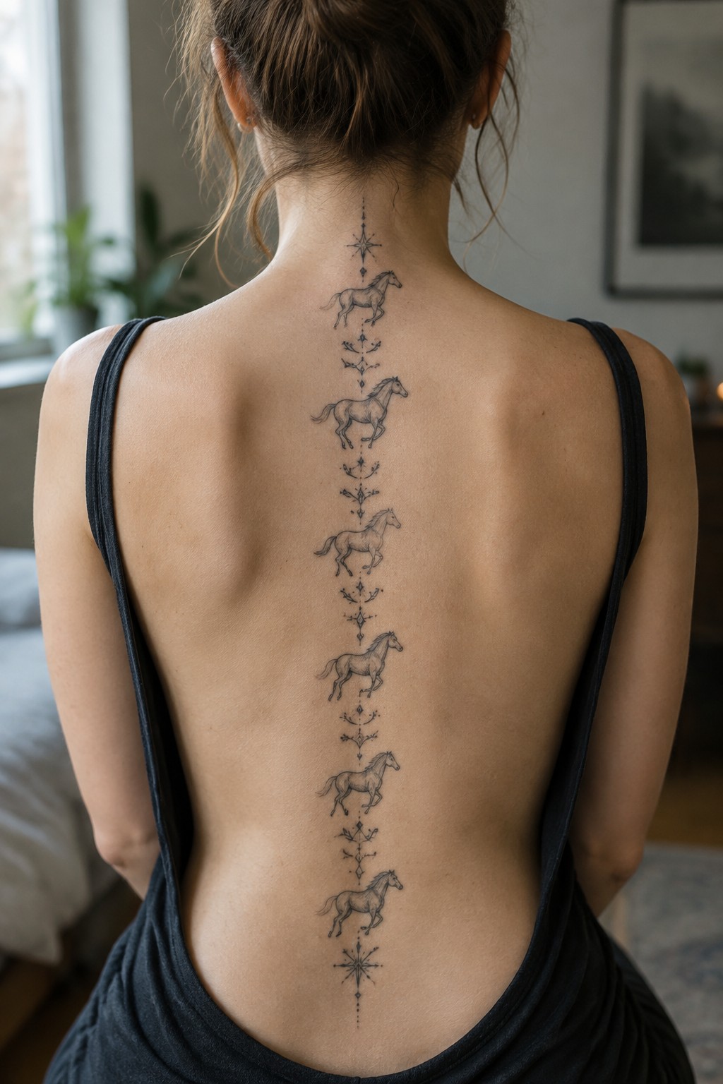 Woman's back with black tank top and vertical horse spine tattoo
