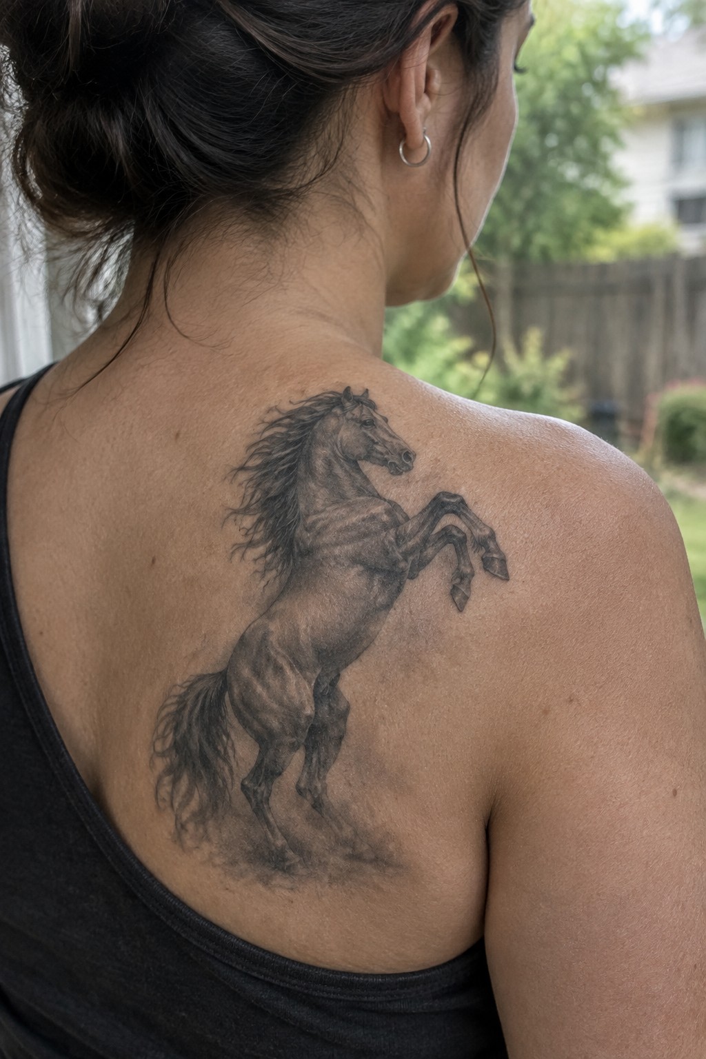 Rearing horse tattoo on woman's upper back over black tank top.