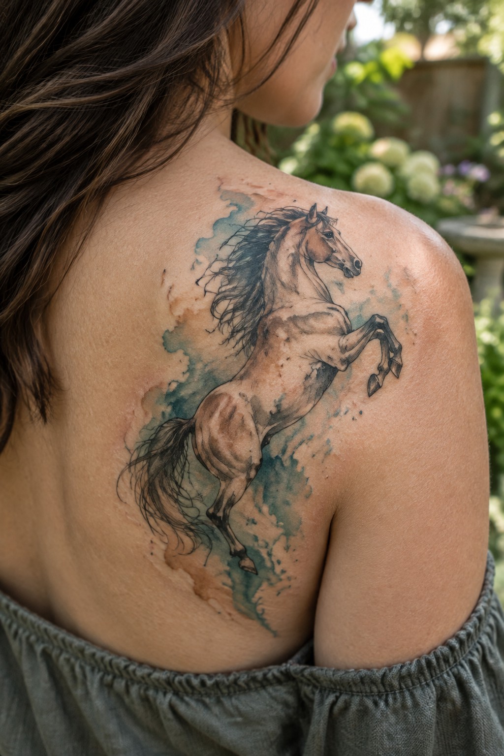 Woman's shoulder with large watercolor tattoo of rearing brown horse and gray top