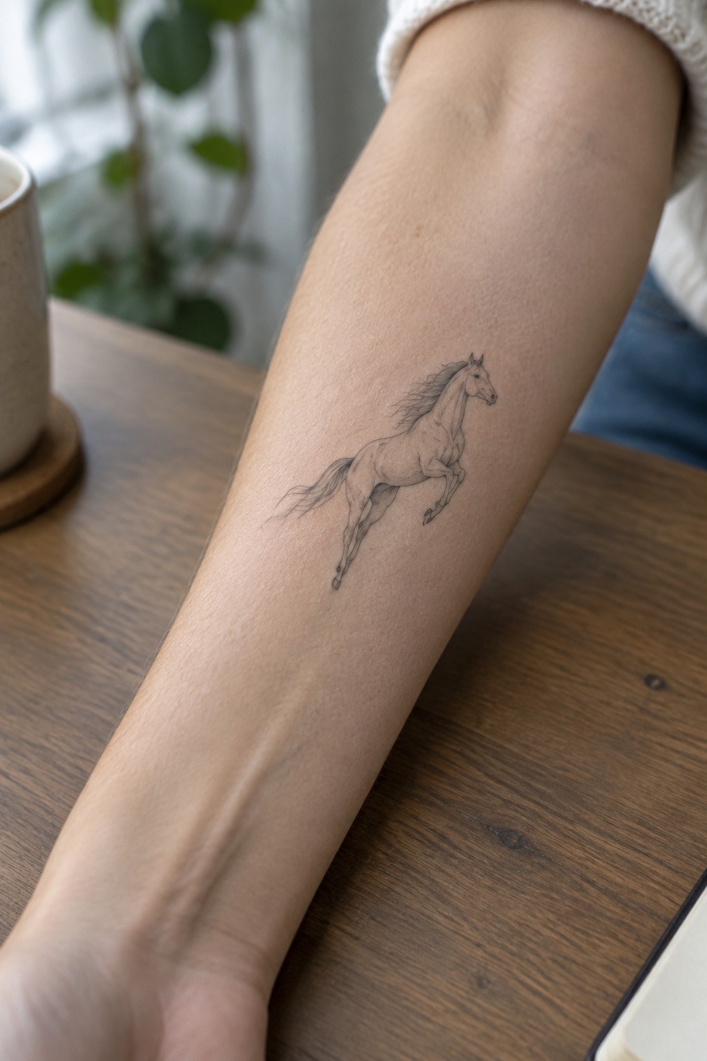 Forearm with detailed black horse tattoo resting on wooden table, white sweater cuff visible.