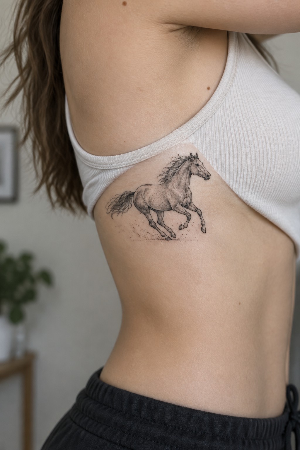 Detailed black horse tattoo on side under white ribbed tank top