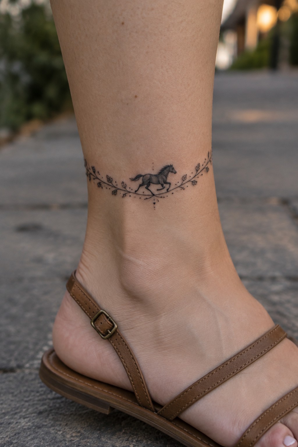 Black horse tattoo with leafy vines on ankle above brown sandal.