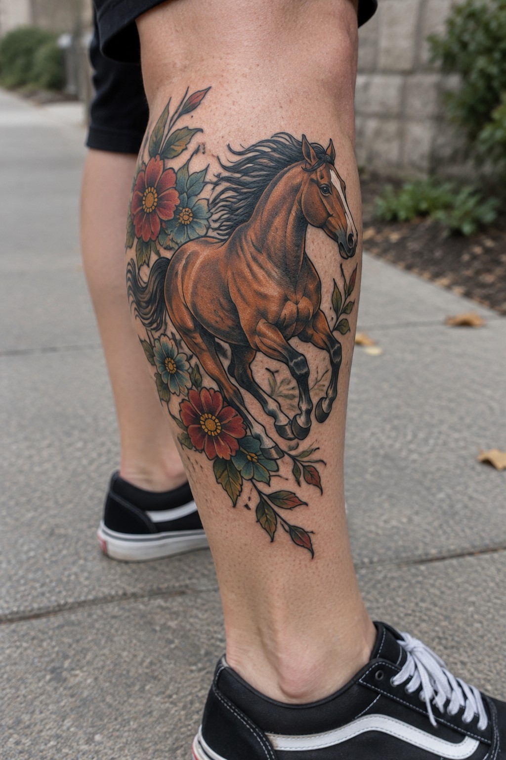 Brown horse tattoo with red flowers on leg above black sneakers on pavement