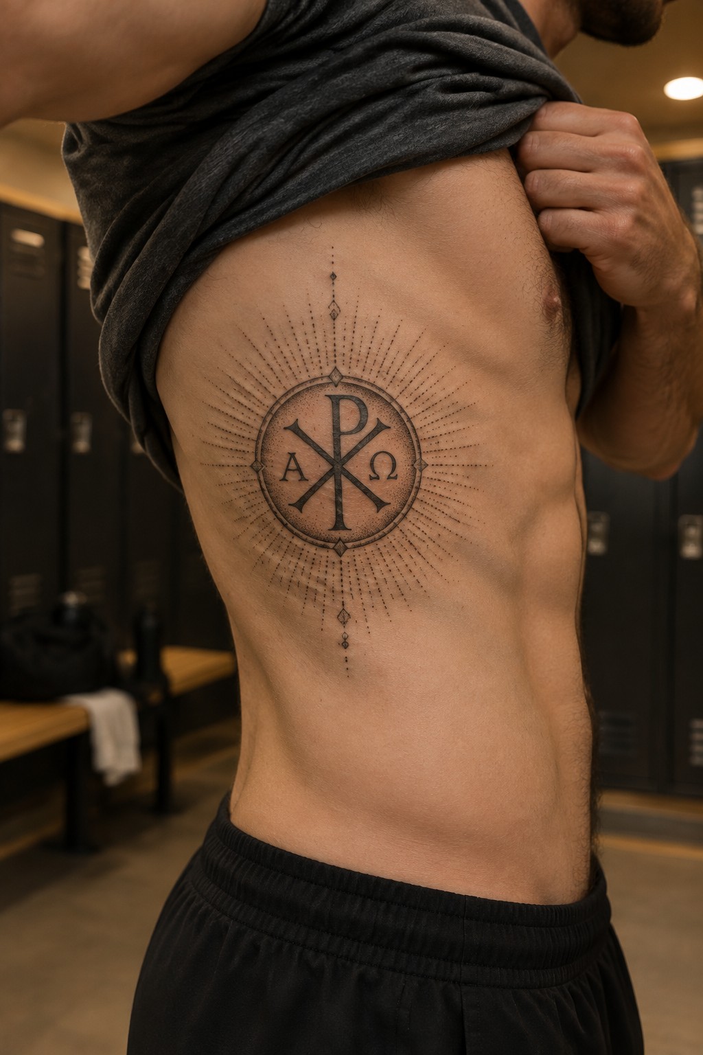 Man lifts gray shirt revealing Chi-Rho Alpha Omega sunburst tattoo on torso in locker room