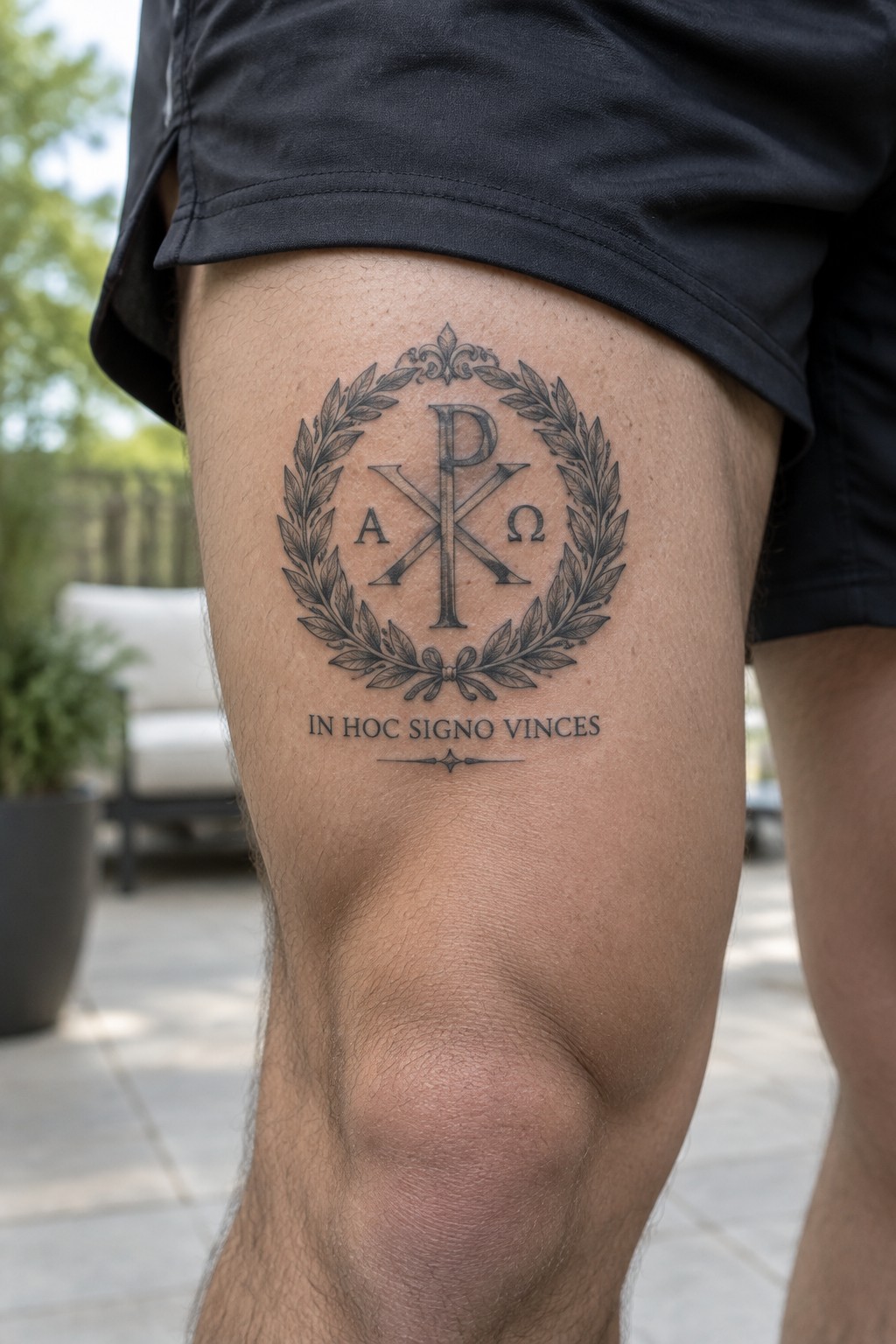 Person's thigh with black shorts and Chi-Rho tattoo in laurel wreath with Latin text